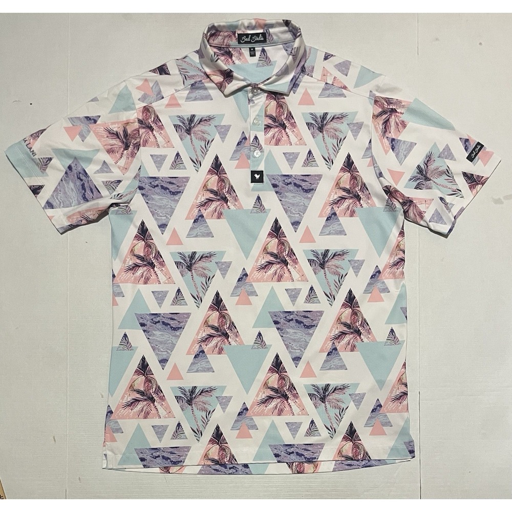 Bad Birdie‎ Polo Shirt Mens Medium Tropical Geometric Palm Tree Golf Performance